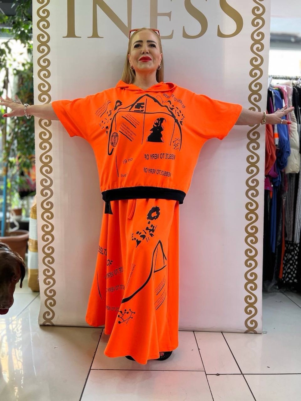 Neon Orange Graphic Hooded Skirt Set